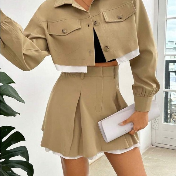 Passion of Essence Dresses & Skirts - Cropped Khaki Jacket and Pleated Skirt Set - Khaki with White Trim